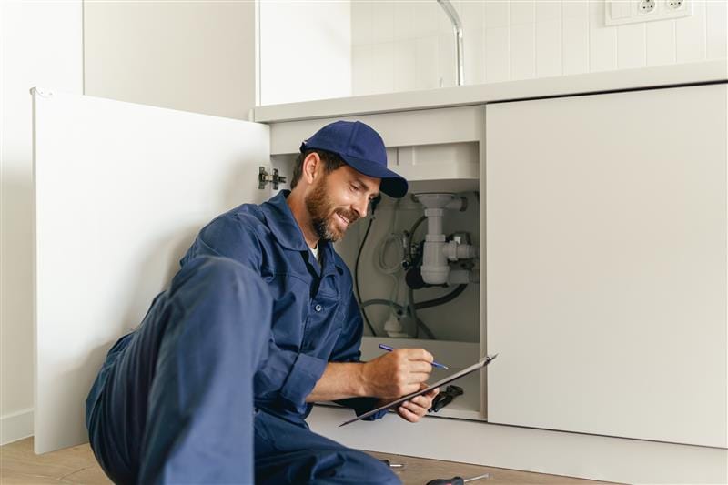 Residential plumber reviewing plumbing repairs in a Wildomar kitchen