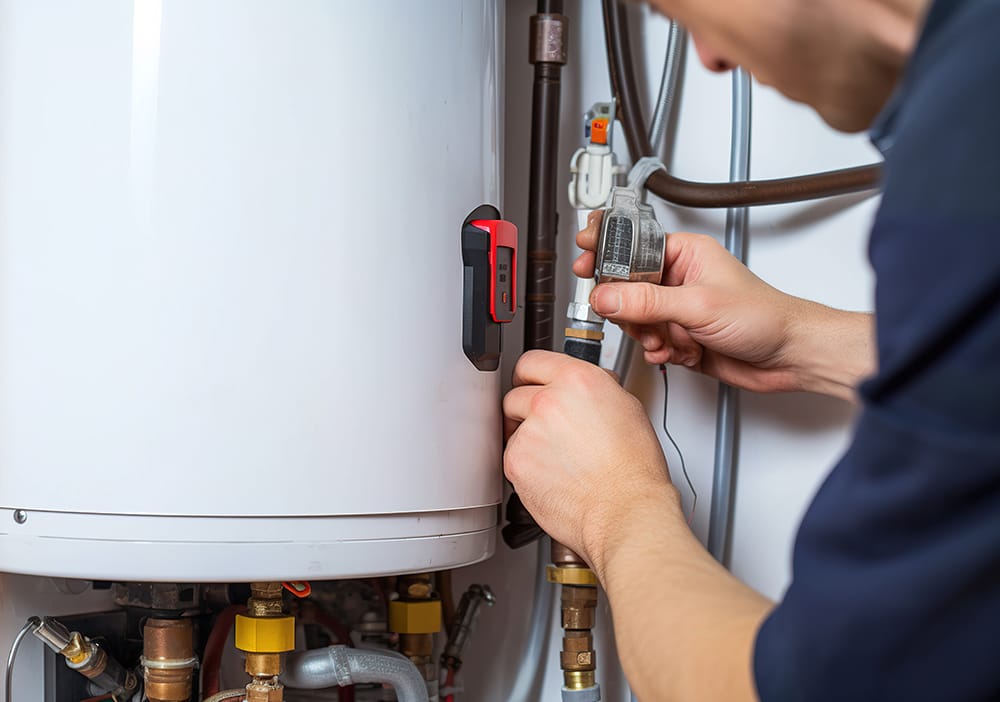 Technician repairing pipes connected to a water heater in Wildomar
